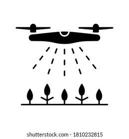 Silhouette Drone spraying agent on crops. Outline icon of air irrigation, fertilizer, disinfection, watering. Black illustration of agricultural automation. Flat isolated vector on white background