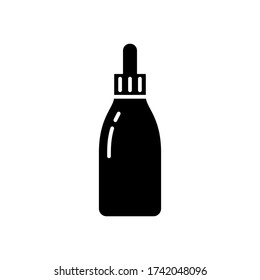 Silhouette Dropper bottle. Outline cosmetic jar for essences icon. Black simple illustration of vial with cap for oil, face serum, makeup product packaging. Flat isolated vector logo, white background