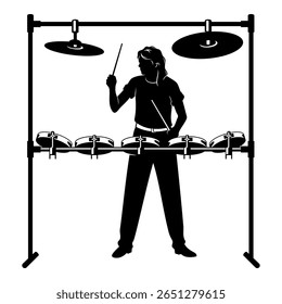 Silhueta de baterista tocando bateria digital kit. Clipart de vetor isolado no branco.