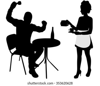 Silhouette of drunk , angry man and waitress 