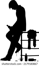 Silhouette of a drunken young man leaning on a fence with figure as a separate object