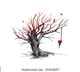 Silhouette dry leafless tree with hanging red heart on the branches. Hand Drawn Sketch Vector illustration.