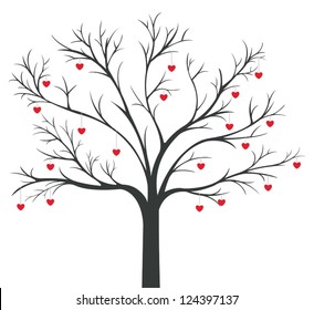 Silhouette dry leafless tree with red Hearts hanging on the branches for love and valentine concept, create by vector