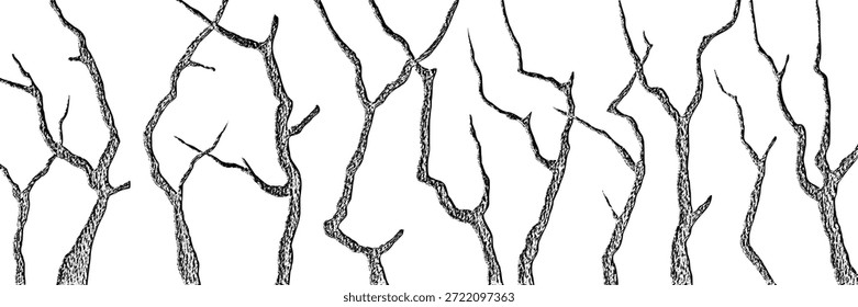Silueta de árboles secos, troncos y ramas de árboles aislados sobre fondo blanco, dibujo a mano, fondo natural, Anuncio
