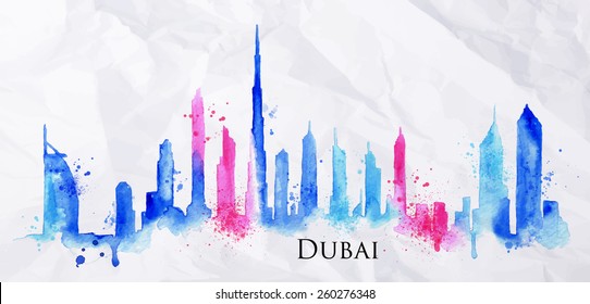 Silhouette of Dubai city painted with splashes of watercolor drops landmarks in blue with pink