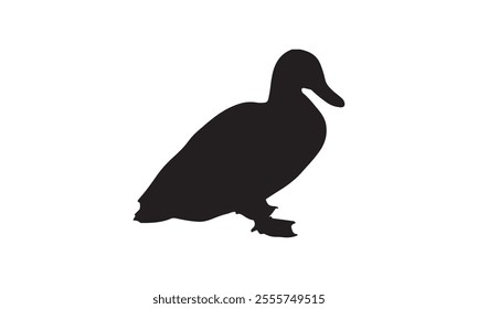 Silhouette of a duck in a resting pose against a plain white background. The simple black outline highlights the duck's iconic shape, creating a clean and versatile design.