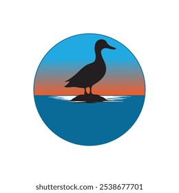 Silhouette of a duck standing on a rock in the middle of blue water. Vector illustration.