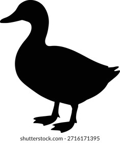 Silueta de un pato de pie en dos piernas, una ilustración negra simple contra un fondo blanco
