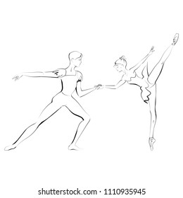 Silhouette of duet young dancers. Vector illustration, sketch