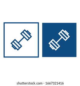 Silhouette of dumbbell for sport. The symbol is located in a square frame. Vector blue icons.