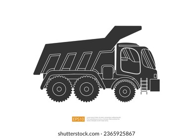 Silhouette dump truck tipper vector illustration on white background. Isolated heavy industrial machinery equipment vehicle. flat cartoon construction and mining car icon