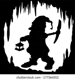 Silhouette dwarf in a cave, vector illustration