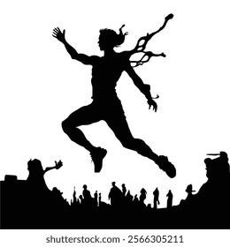 Silhouette of a dynamic jump over a gathered crowd, emphasizing strength, energy, and motion.