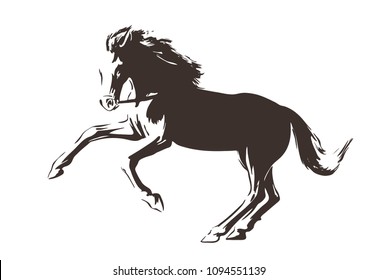 Silhouette of dynamic running horse painted by ink. Vector hand drawn illustration on white background. Sketch style isolated. 