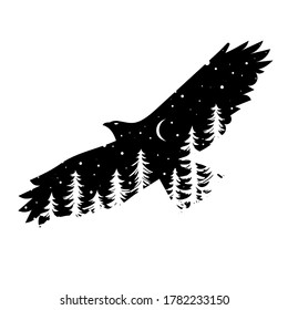 Silhouette of eagle with coniferous trees on the background of night sky with the moon