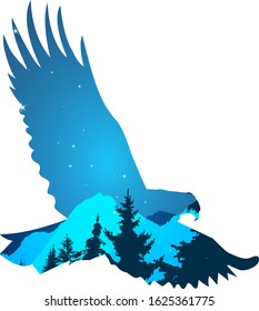 Silhouette of eagle with double exposure of mountains and pine trees.
