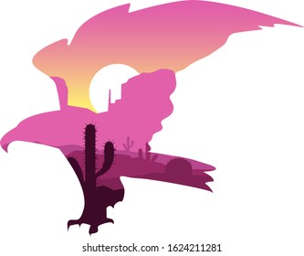 Silhouette of eagle with double exposure of western landscape.