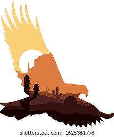  Silhouette of eagle with double exposure of western desert.