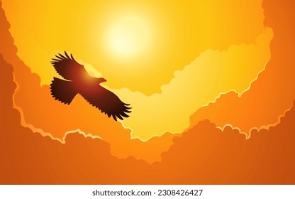 The silhouette of an eagle flying above the clouds, vector illustration