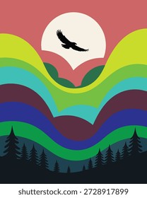 Águila de la silueta que vuela sobre el paisaje ondulado colorido y el pájaro de los pinos que se eleva desi