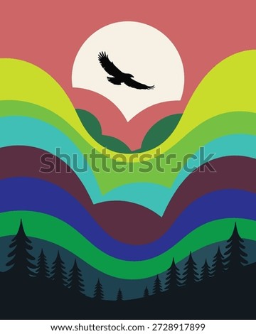 Silhouette eagle flying over colorful wavy landscape and pine trees bird soaring desi