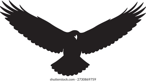 Silhouette of an eagle or hawk flying with wings fully spread isolated on a white background