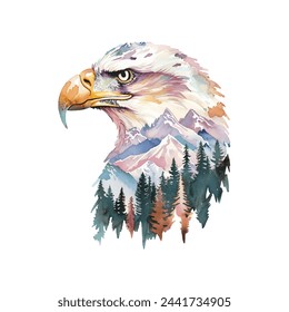 silhouette eagle head with mountaint scene inside vector illustration in watercolour style