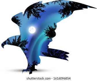 Silhouette of eagle with large wings. Double exposure of moonlight sky and pine trees.  View from below.