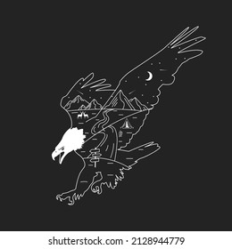 The silhouette of an eagle with mountains, a river and a tent. The concept of camping, traveling. Outline vector illustration for t-shirt prints, posters and other uses.