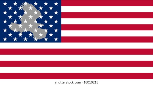 A silhouette of an eagle on the background of striped American flag.