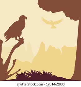 silhouette eagle on branch tree landscape