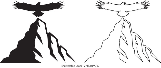 A silhouette of an eagle with outstretched wings soaring above a jagged mountain peak. Features both a solid black silhouette and a line art version.