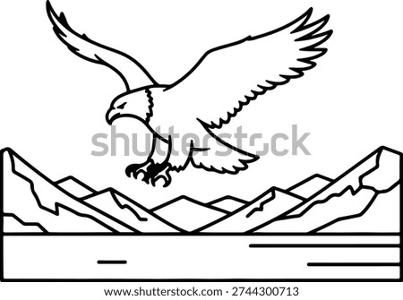 Silhouette eagle soaring over mountains simple line art Vector Illustrator