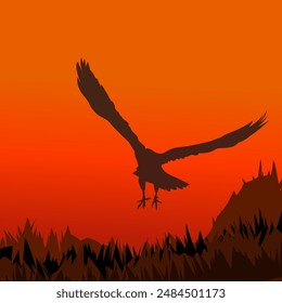 silhouette of an eagle with a sunset background in the grassland