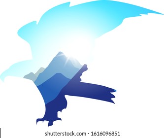 Silhouette of eagle with winter mountains landscape.