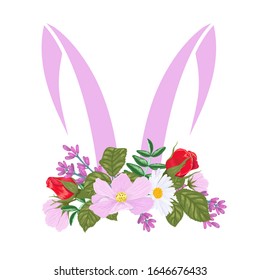 Silhouette of the ears of an Easter Bunny with a flower wreath on its head. Rabbit ears. Tshirt design print.