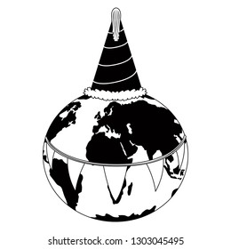 Silhouette of an earth planet with a birthday hat and pennats. Vector illustration design