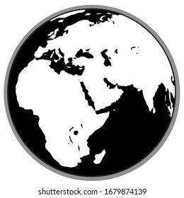 Silhouette of the  Earth planet. White on black. Vector borders of the continents. Europe, Asia and Africa. Graphic element for decoration, design, and print. The world from space. Stock image.