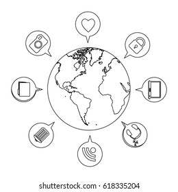 silhouette earth world with circular dialogue social icons vector illustration