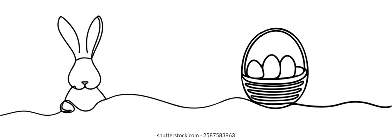 Silhouette of Easter bunny with basket of eggs. Continuous one line drawing style. Vector illustration for greeting card, banner