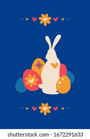 Silhouette eines Osterhasen mit bunten Eiern auf dunkelblauem Hintergrund. Skandinavischer, flacher Stil. Stock-Vektorillustration-Illustration für Web, Druck, Einladung, Postkarte und Bildschirmhintergrund.