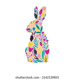 silhouette of an easter bunny from flowers. flat vector illustration hand drawn.