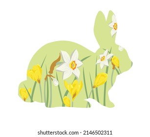 Silhouette of an Easter bunny with flowers inside. Easter isolated illustration with cute bunny for greeting cards, prints on napkins, fabric, for decoupage