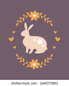 Silhouette of an easter bunny on dark background. Pastel pink rabbit in floral frame. Vintage illustration in scandinavian style for web, print, postcard, invitatin and wallpaper