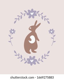 Silhouette of an easter bunny on lilac background. Chocolate rabbit with an egg in vintage floral frame. Flat, cartoon, retro style, stock vector illustration for web, print, postcard, wallpaper.
