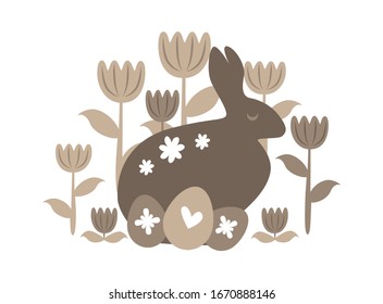 Silhouette of an easter bunny on white background. Chocolate rabbit with an eggs on floral backround. Flat, cartoon, retro style, stock vector illustration for web, print, postcard, wallpaper.