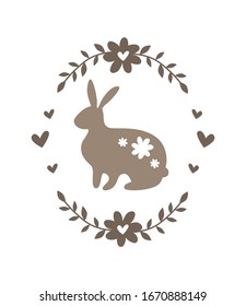 Silhouette of an easter bunny on white background. Brown rabbit in floral frame. Vintage illustration in scandinavian style for web, print, postcard, invitatin and wallpaper