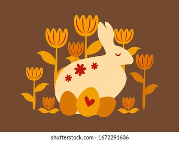 Silhouette of an easter bunny on white background. Beige rabbit with eggs on floral background. Flat, cartoon, retro style, stock vector illustration for web, print, postcard, wallpaper.