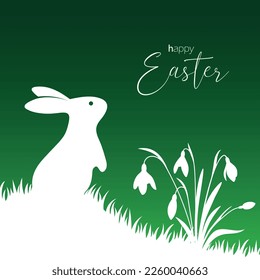 Silhouette of an Easter Bunny with snowdrops on a green background. Simple flat style for design. Happy easter.