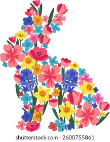 silhouette of easter bunny with spring flowers tulips daffodils hyacinth design. festive illustration with bright floral pattern on white background. isolated animal art